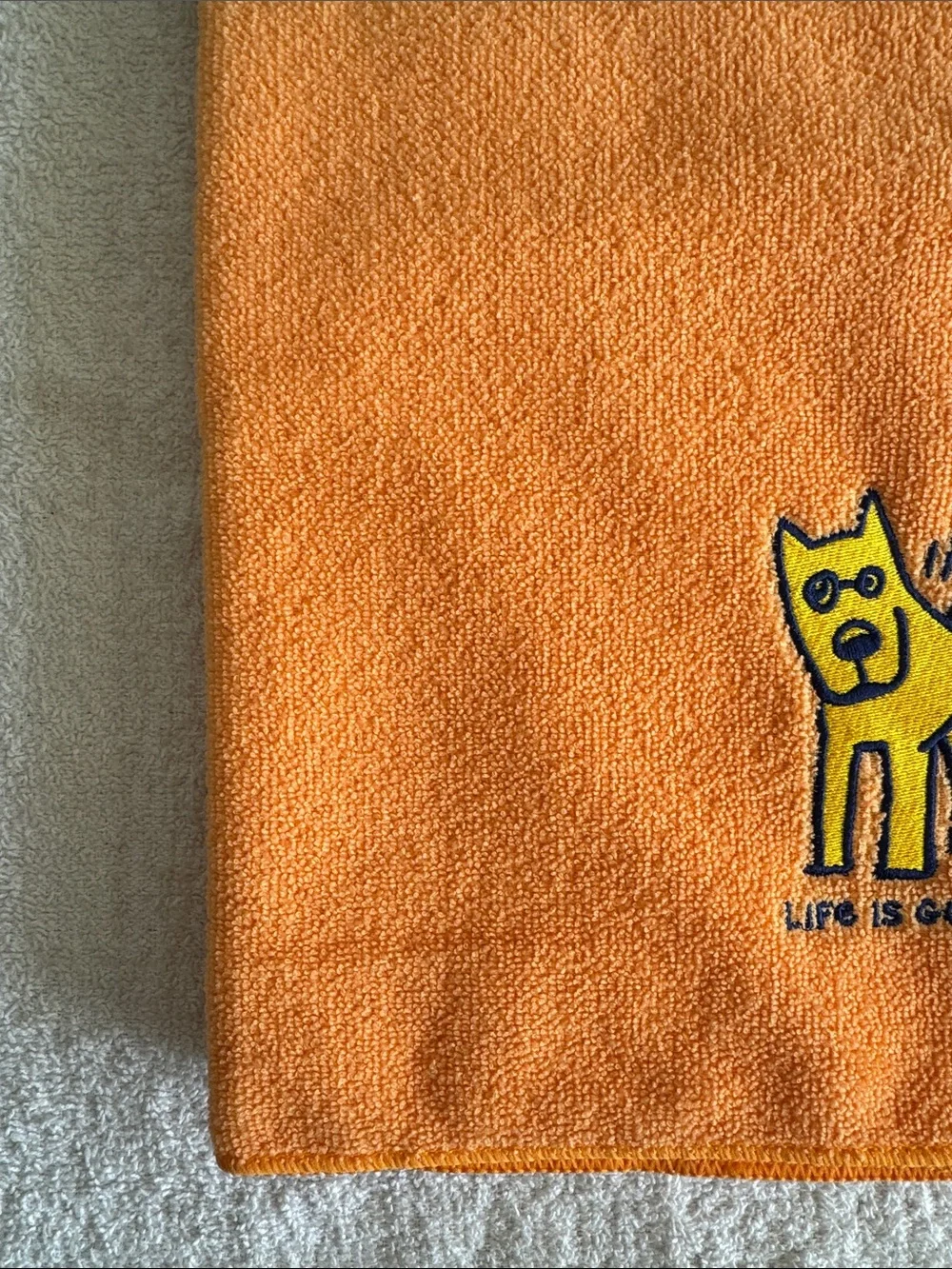 Life Is Good Orange Pet Drying Towel with Embroidered Dog